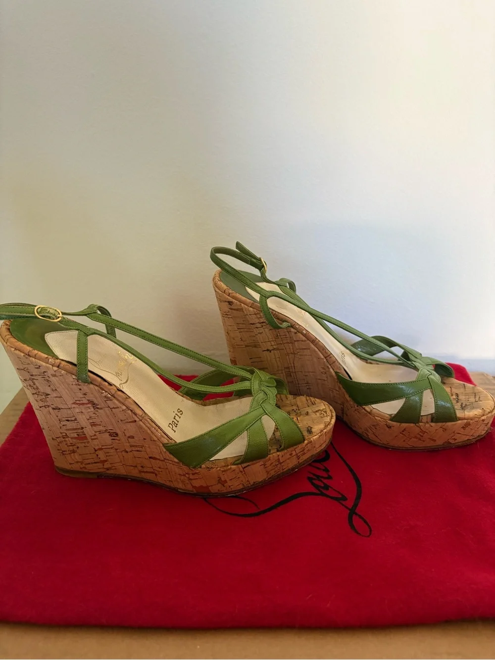 Christian Louboutin Green Cork Wedge Sandals